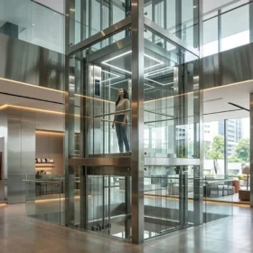 Mẫu thang máy gia đình nhà 3 tầng vách kính sang trọng trưng bày tại showroom.