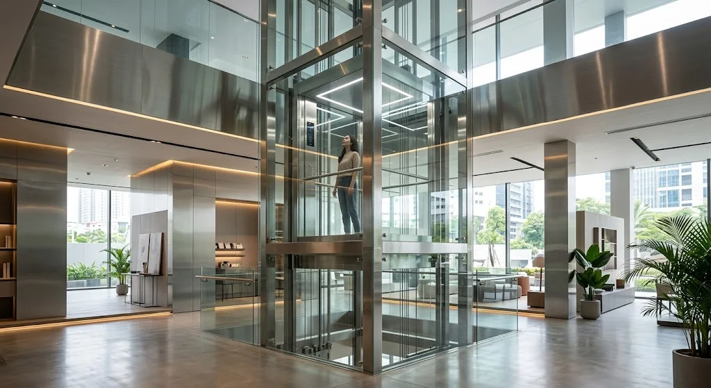 Mẫu thang máy gia đình nhà 3 tầng vách kính sang trọng trưng bày tại showroom.