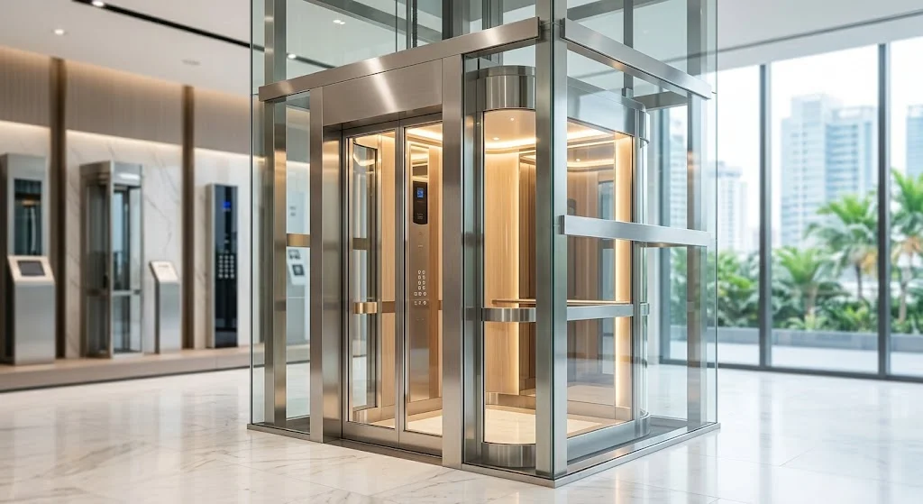 Góc chụp 3/4 toàn cảnh thang máy gia đình nhà 3 tầng hiện đại vách kính tại showroom