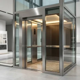 Mẫu thang máy gia đình nhà 3 tầng vách kính sang trọng lắp tại showroom.