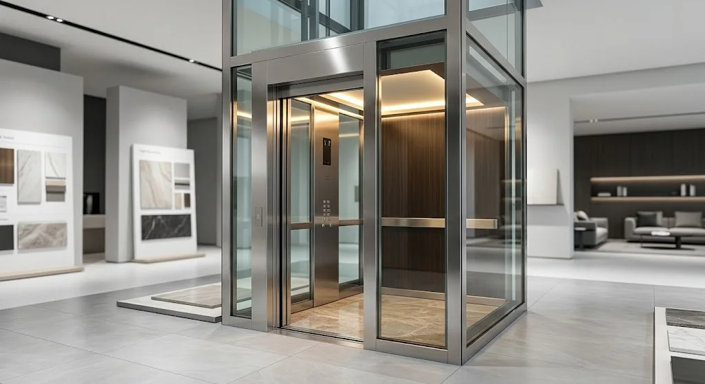 Mẫu thang máy gia đình nhà 3 tầng vách kính sang trọng lắp tại showroom.