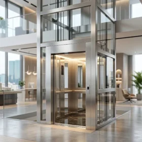 Mẫu thang máy gia đình nhà 3 tầng sang trọng trưng bày tại showroom hiện đại.