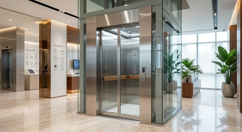 Toàn cảnh thang máy gia đình nhà 3 tầng lắp đặt tại showroom hiện đại ở TP.HCM