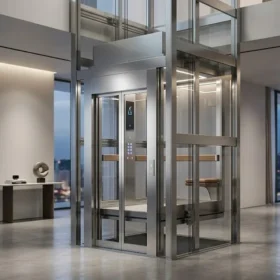 Mẫu thang máy gia đình nhà 3 tầng kính hiện đại trưng bày tại showroom.