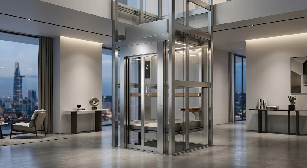 Mẫu thang máy gia đình nhà 3 tầng kính hiện đại trưng bày tại showroom.