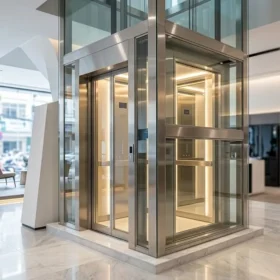 Ảnh toàn cảnh thang máy gia đình nhà 3 tầng lồng kính tại showroom.