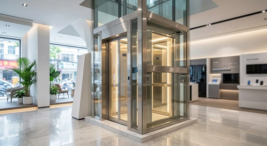 Ảnh toàn cảnh thang máy gia đình nhà 3 tầng lồng kính tại showroom.