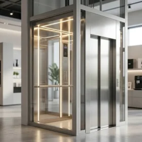 Hình ảnh tổng quan thang máy gia đình nhà 3 tầng thiết kế hiện đại.