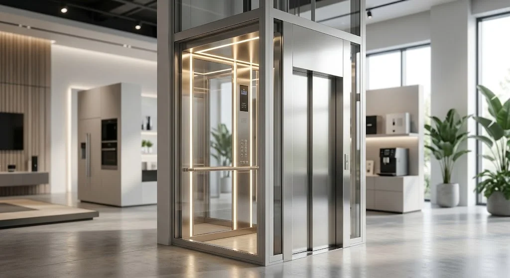 Hình ảnh tổng quan thang máy gia đình nhà 3 tầng thiết kế hiện đại.