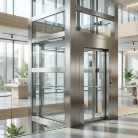 Ảnh toàn cảnh mẫu thang máy gia đình nhà 3 tầng vách kính sang trọng tại showroom.