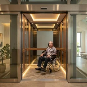 Thang máy gia đình nhà 3 tầng tải trọng 450kg thiết kế rộng rãi cho xe lăn.