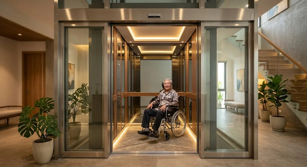 Thang máy gia đình nhà 3 tầng tải trọng 450kg thiết kế rộng rãi cho xe lăn.