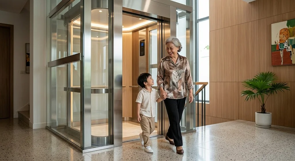 Người già và trẻ nhỏ sử dụng thang máy gia đình nhà 3 tầng di chuyển thuận tiện