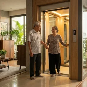 Người lớn tuổi di chuyển an toàn với thang máy gia đình nhà 3 tầng.