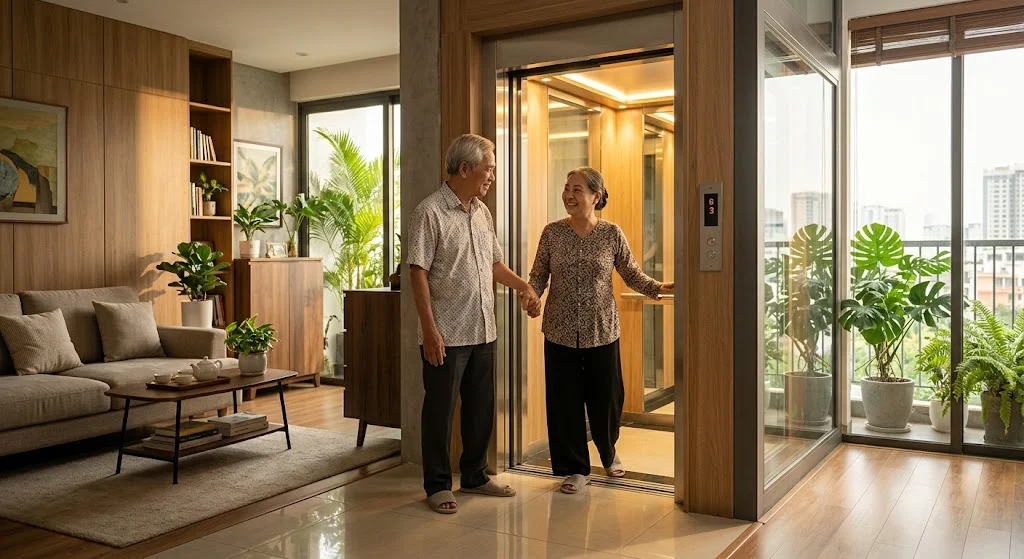Người lớn tuổi di chuyển an toàn với thang máy gia đình nhà 3 tầng.