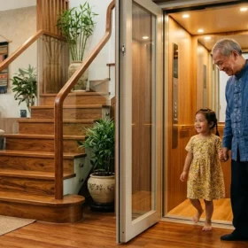 Gia đình thuận tiện di chuyển bằng thang máy gia đình nhà 3 tầng trong không gian nhà ở