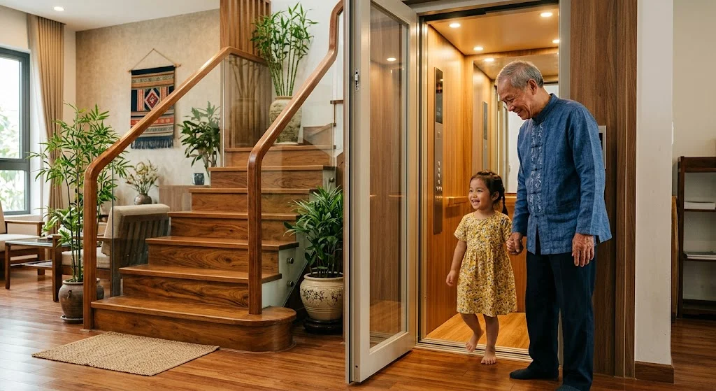 Gia đình thuận tiện di chuyển bằng thang máy gia đình nhà 3 tầng trong không gian nhà ở