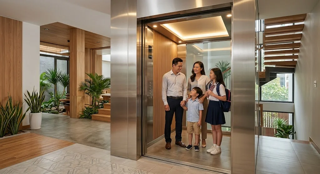 Sức chứa thực tế của thang máy gia đình nhà 3 tầng tải trọng 350kg.