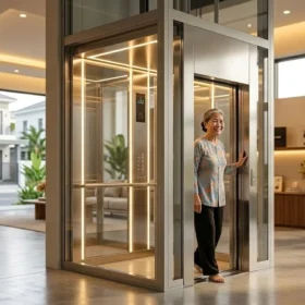 Thang máy gia đình nhà 3 tầng giúp người lớn tuổi di chuyển an toàn.