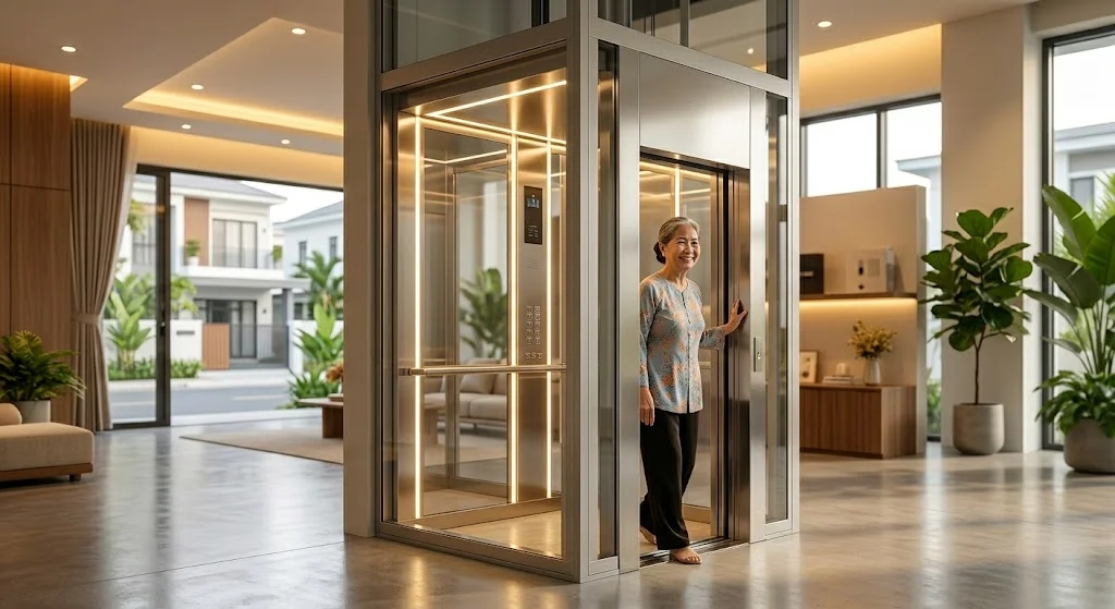 Thang máy gia đình nhà 3 tầng giúp người lớn tuổi di chuyển an toàn.