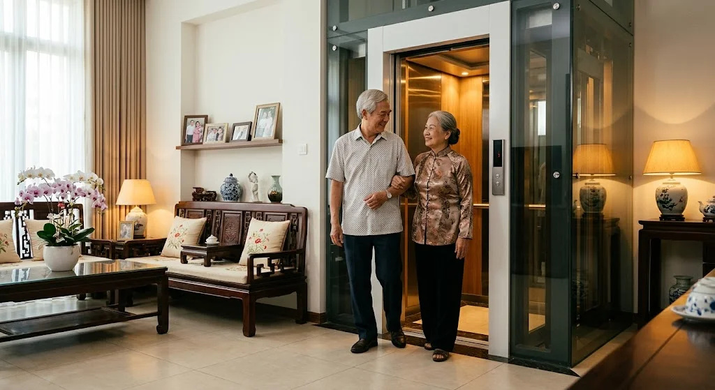 Giải pháp di chuyển an toàn cho người già với thang máy gia đình nhà 3 tầng.