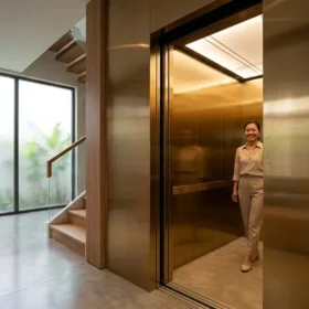 Thi công hoàn thiện thang máy gia đình nhà 3 tầng phân khúc nhập khẩu cao cấp.