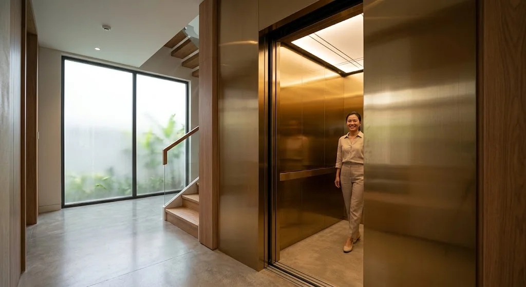 Thi công hoàn thiện thang máy gia đình nhà 3 tầng phân khúc nhập khẩu cao cấp.