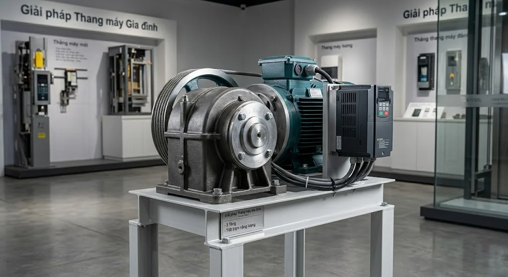 Cận cảnh máy kéo nhập khẩu của thang máy gia đình nhà 3 tầng dòng liên doanh giá tốt