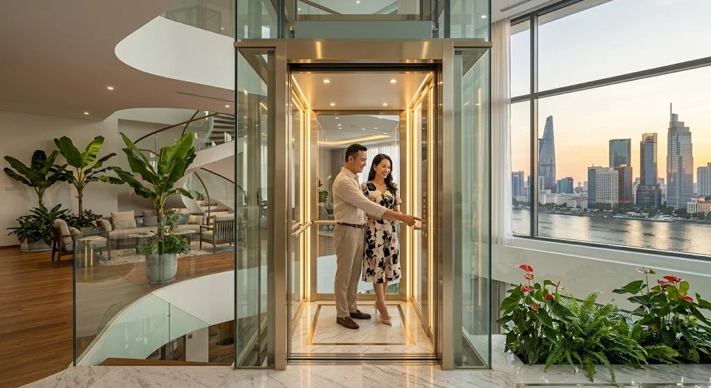 Chi phí hoàn thiện mẫu thang máy gia đình nhà 3 tầng nhập khẩu nguyên chiếc cao cấp.