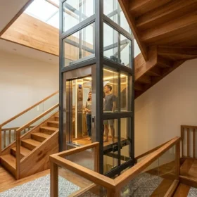 Kích thước hố thang máy gia đình nhà 3 tầng siêu nhỏ gọn giữa cầu thang.