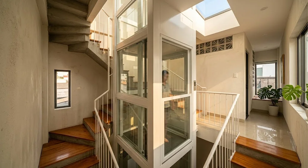 Tối ưu kích thước thang máy gia đình nhà 3 tầng cho nhà cải tạo hẹp.