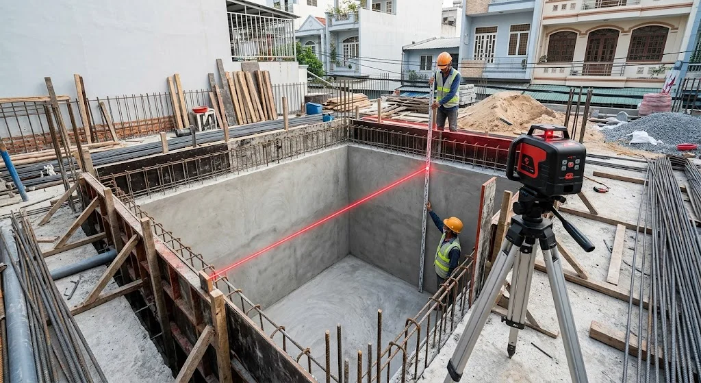 Hố pit bê tông chuẩn kích thước cho thang máy gia đình nhà 3 tầng tại công trình