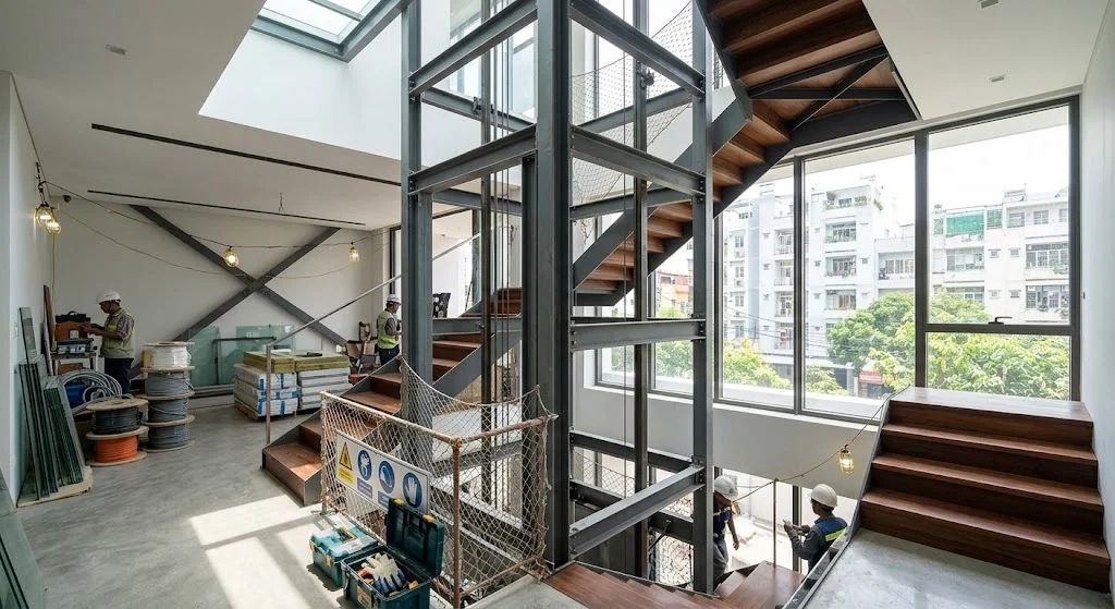 Kích thước hố thang máy gia đình nhà 3 tầng lọt lòng cầu thang bộ.