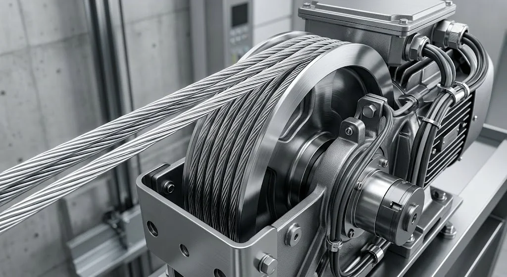 Cận cảnh động cơ không hộp số của thang máy gia đình nhà 3 tầng.