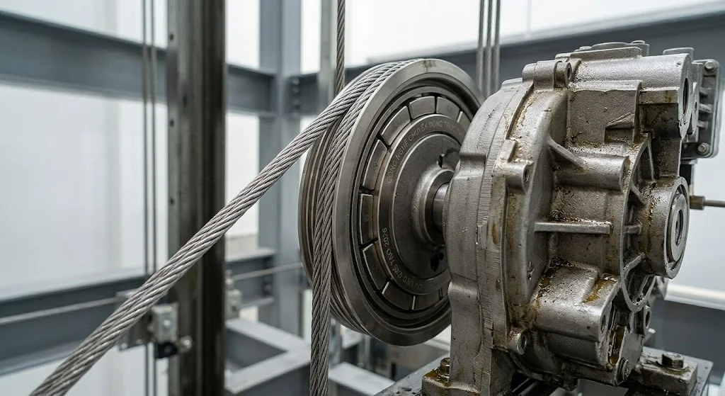Cận cảnh hệ thống cáp kéo và động cơ thang máy gia đình nhà 3 tầng vận hành êm ái