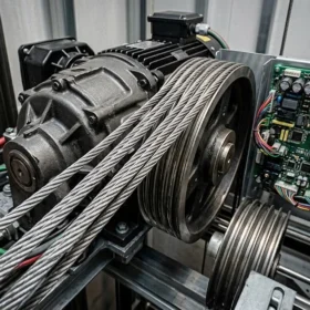 Chi tiết động cơ máy kéo an toàn của hệ thống thang máy gia đình nhà 3 tầng.