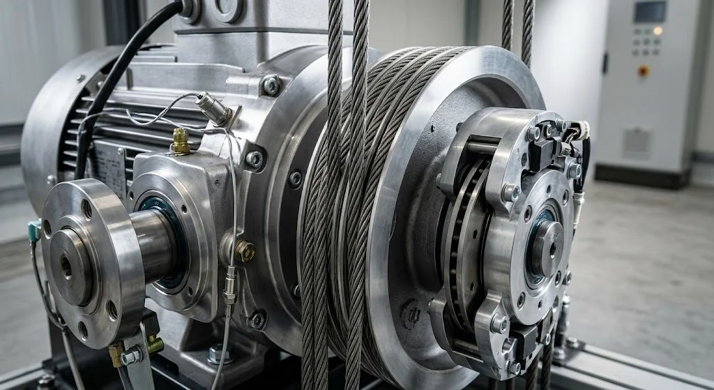 Chi tiết động cơ cáp kéo của hệ thống thang máy gia đình nhà 3 tầng.