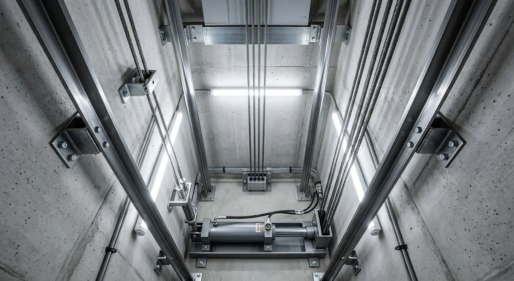 Chi tiết ray dẫn hướng và hệ thống cáp tải của thang máy gia đình nhà 3 tầng