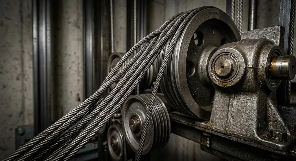 Chi tiết cấu tạo động cơ cáp kéo của thang máy gia đình nhà 3 tầng.