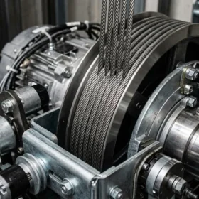 Chi tiết cụm cáp tải và động cơ của thang máy gia đình nhà 3 tầng.