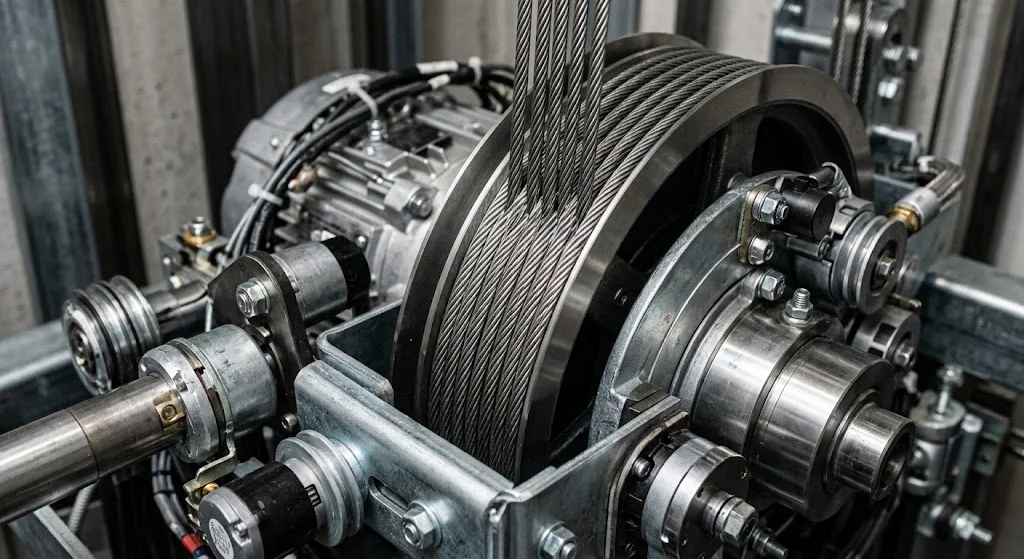 Chi tiết cụm cáp tải và động cơ của thang máy gia đình nhà 3 tầng.