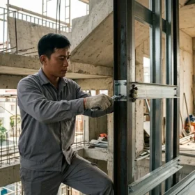 Kỹ sư thi công lắp đặt thang máy gia đình nhà 3 tầng tại công trình.