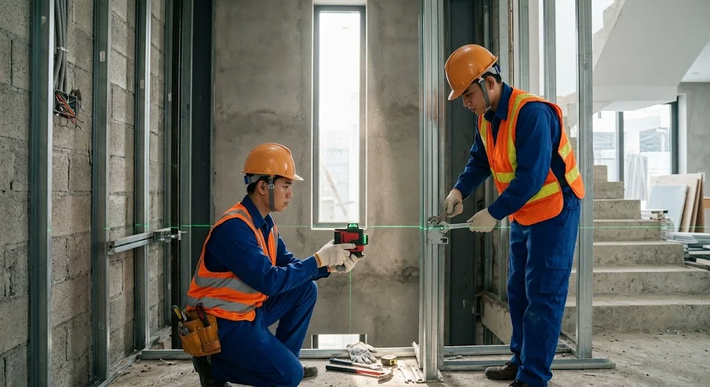 Kỹ thuật viên đang đo đạc lắp đặt thang máy gia đình nhà 3 tầng tại công trình