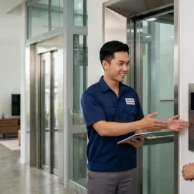 Kỹ thuật viên tư vấn và bàn giao thang máy gia đình nhà 3 tầng tại công trình thực tế.