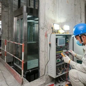 Kỹ sư lắp đặt thang máy gia đình nhà 3 tầng tại công trình thực tế.