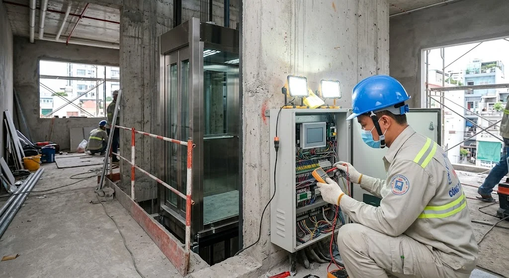 Kỹ sư lắp đặt thang máy gia đình nhà 3 tầng tại công trình thực tế.