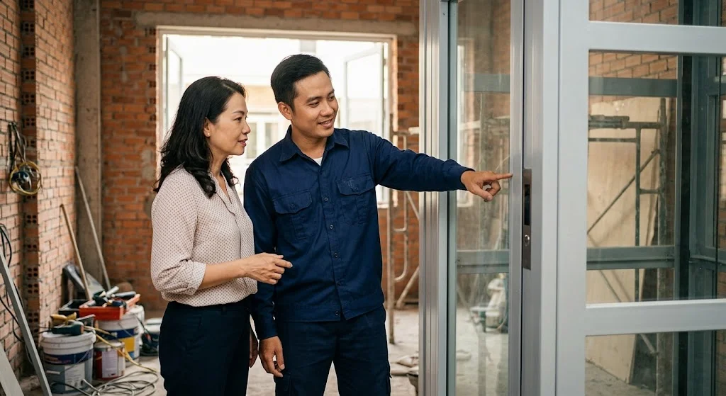 Kỹ thuật viên High Vision tư vấn lắp đặt thang máy gia đình nhà 3 tầng cho khách hàng