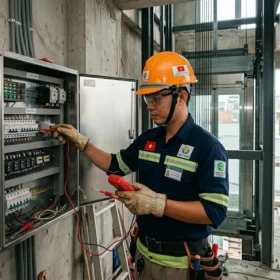 Kỹ sư kiểm định kỹ thuật an toàn cho thang máy gia đình nhà 3 tầng.