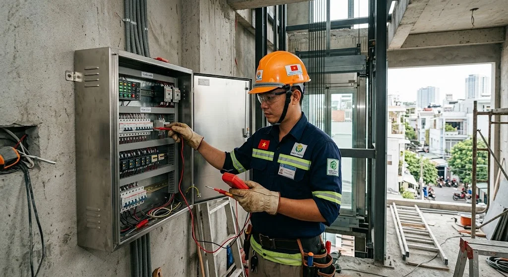 Kỹ sư kiểm định kỹ thuật an toàn cho thang máy gia đình nhà 3 tầng.