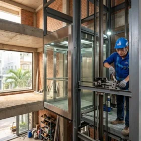 Kỹ thuật viên thi công lắp đặt thang máy gia đình nhà 3 tầng.